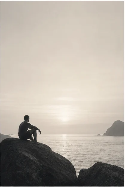 A figure seated above the sea at first light