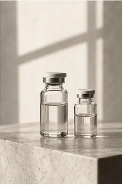 Two research vials on travertine in raking light