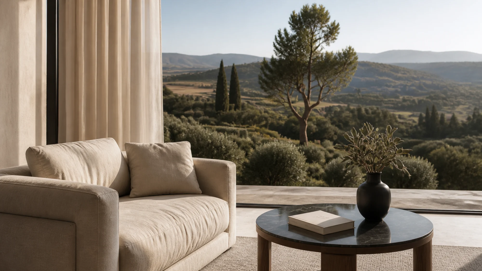 A room above an olive grove in afternoon light